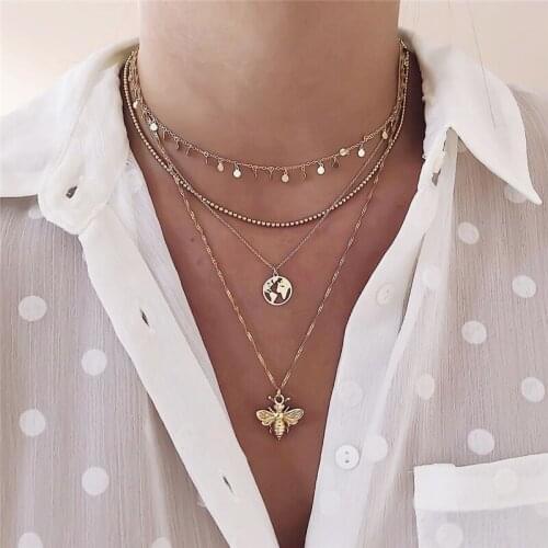 LIMARIO 2020 Collier New Necklace Multi-layer Bee Stainless Steel Round Map Pendant Female Necklace Jewelry Collar