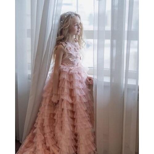 Luxury Pink Flower Girls Dresses Sleeveless Lace Applique Girls Princess Ball Gowns Tiers Big Skirt Bottom Custom
