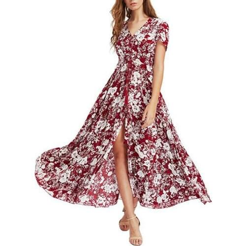 Summer dress Party Beach Bohemian Women Vintage Flower Leaf Print V Neck Big Swing Maxi Dress robe femme Womens Clothing 2021