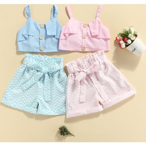 Toddler Baby Girls Summer 2pcs Casual Outfits Solid Button Vest Camisole + Irregular Stripe Print Shorts + Belt Infant Outwear