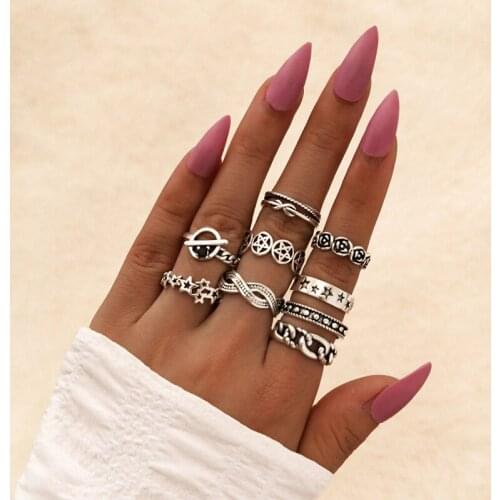9 Pcs/Set Punk Chunky Link Star Flower Rings Set Geometric Personality Rings for Women Men Jewlery Accessories
