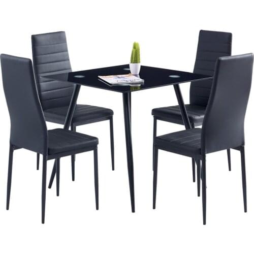 Dining Table Chairs Set Include 1 Black Square Glass Dining Table + 4 Elegant Stripping Texture High Backrest Dining Chairs