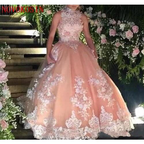 2019 Latest Ball Gown Appliques Beaded Prom Dresses For Birthday Party Dresses High Neck Quinceanera Dresses