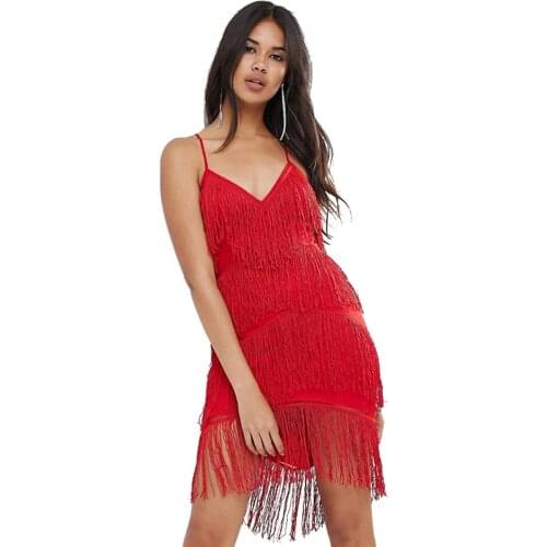 S Curve V-neck Racer Back Red Tassel Semi-sheer Mesh Strappy Mini Bodycon Dress