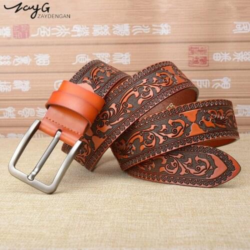 ZAYG New Carved Vintage Court Pattern Belt Fashion Designer High Quality Genuine Leather Belts for Men Big Name Famous Brand