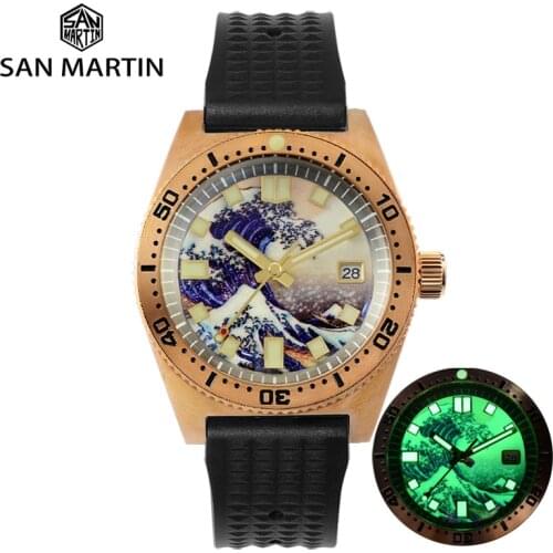 San Martin 62Mas Diver 3D Printing Full Luminous Surfing Dial Cusn8 Bronze NH35 Mens Automatic Mechanical Watch Sapphire 20 Bar