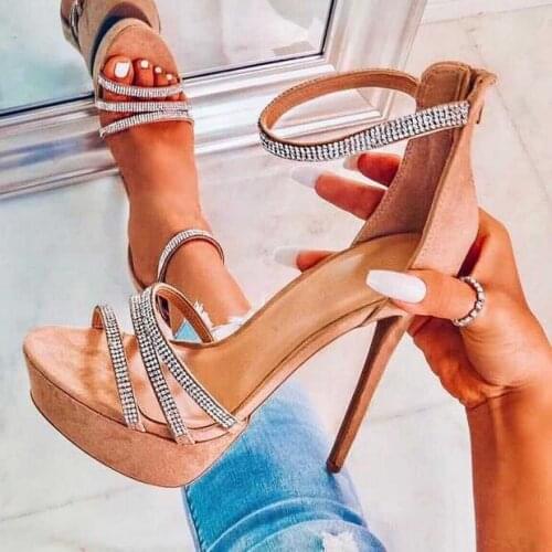 Trendy Zipper Stiletto Heels Women Sandals Bling Crystal Embellished Ankle Strap High Platform Gladiator Sandals Dress Shoes