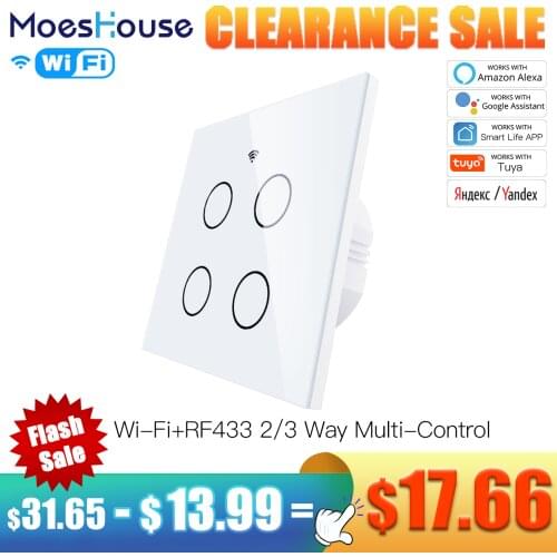 WiFi Smart 4 Gang Glass Panel Switch Smart Life/Tuya App Multi-Control Association Voice Control with Alexa Google 2/3 Way EU