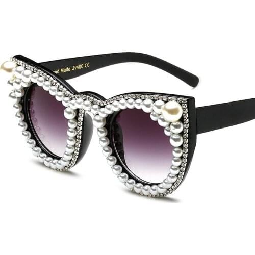 Veshion Cat Eye Sunglasses Men Women Exquisite Big Frame Pearl Rhinestone Sunglasses Sunglasses Trend with Sunglasses