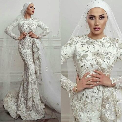 2020 Muslim Mermaid Wedding Dresses with Veil Lace Beaded Long Sleeve vestido de novia Custom Made Embroidery robes de mariée