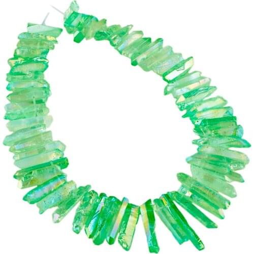 TUMBEELLUWA Light Green Titanium Coated Quartz Crystal Points Drilled Sticks Spikes 16 inch Strand