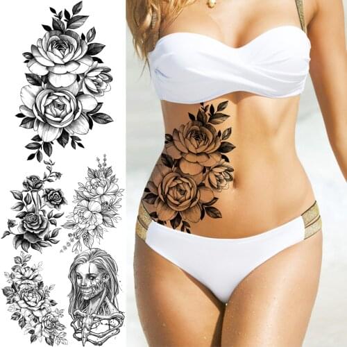 3D Black Rose Flower Temporary Tattoos For Women Adult Peony Floral Gangster Face Fake Tattoo Waist Sexy Washable Tatoo Sticker