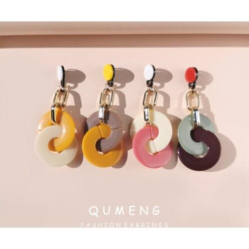 QUMENG 2020 Europe and America Exaggerated Disc Round Coin Drop Earring for Women Vintage Long geometry Wafer resin Earrings