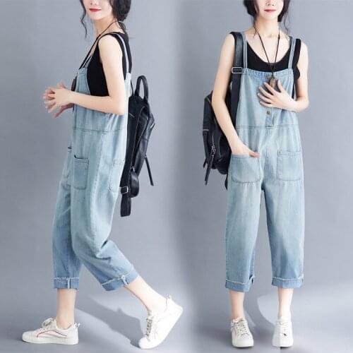 Light Blue Denim Bib Women 2021 New Korean Slim Pants Literary Jeans Loose Wide-leg Cropped Overalls Jumpsuit Trousers