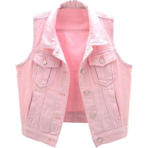 Womens Spring Autumn Sleeveless Vintage Pink Denim Vest Female Winter Plus Size Slim Short Waistcoat 5XL TB299