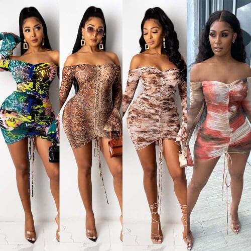 2021 New Style Female Ruched Mini Dress Summer Floral Print Slash Neck Long Sleeve Slim Pencil Dress for Holiday Beachwear