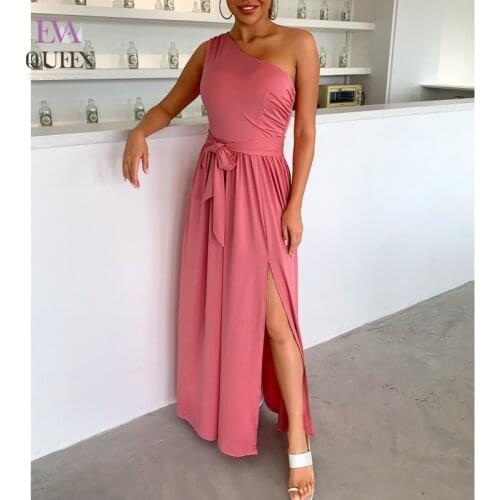 EvaQueen Solid Ruched Maxi Dress For Women Lace Up High Split Elegant Loose Dresses Backless One Shoulder Sexy Party Vestidos