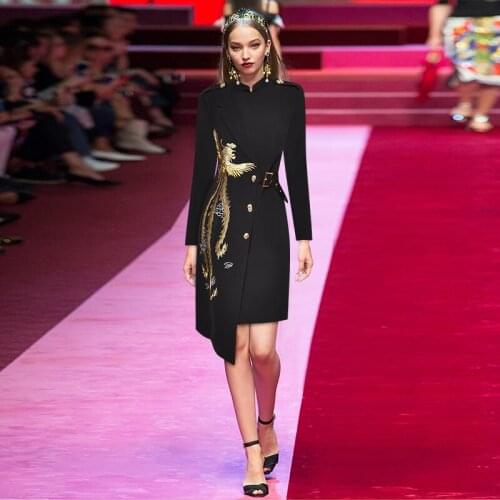 Runway Spring & Autumn Black Stand collar Vintage Embroidery Elegant Asymmetrical Dresses Womens Dress 201230M01