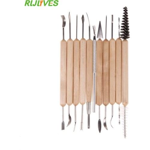 11pcs Clay Sculpting Kit Sculpt Smoothing Wax Carving Pottery Ceramic Tools Polymer Shapers Modeling Carved Tool Wood Handle Set