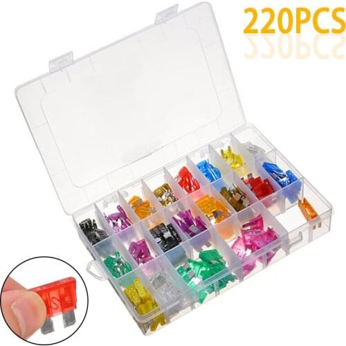 220pcs Multi Color Mini And Standard Blade Fuse Assortment Parts Kit With Box Extractor For APM ATM Auto Car Truck Fuse