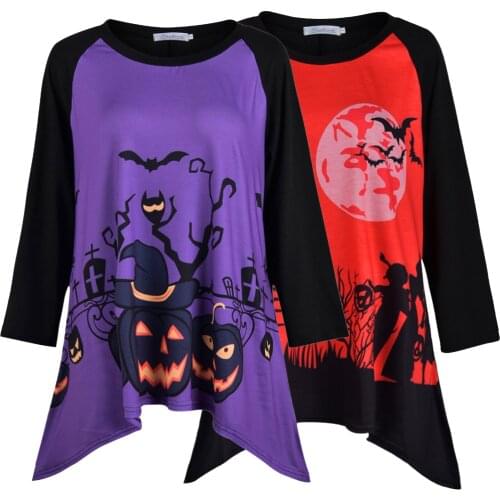 6XL Plus Size Halloween Long Sleeve Tops Pumpkin Cartoon Print Party Festival Loose Blouse Female T Shirt Night Club Clothes D30