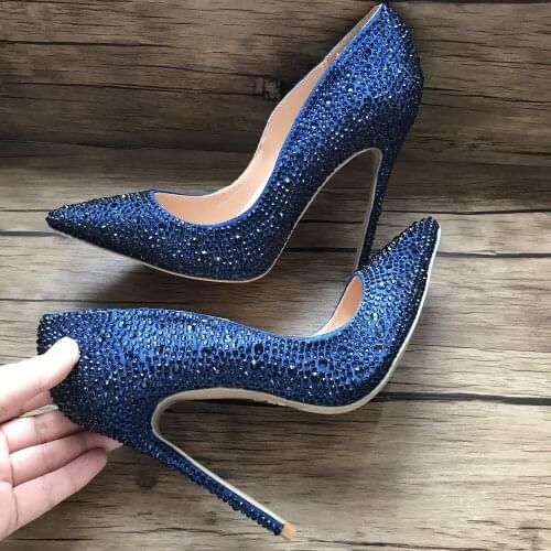 Shinning Blue Diamond Pumps Pointed Toe Pumps Party Wedding Woman Shoes Stiletto 12CM 10CM 8CM