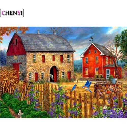 CHENYI 5D Diamond Embroidery Scenic Rural Cottage Diamond Painting Cross Stitch Kit Mosaic DIY Stitch Needlework Home Decoration