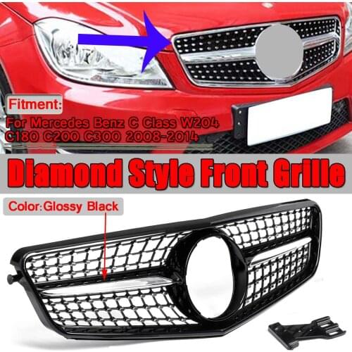 Black/Chrome W204 Diamond Style Grille Car Front Bumper Grille Grill For Mercedes For Benz C-Class W204 C180 C200 C300 2008-2014
