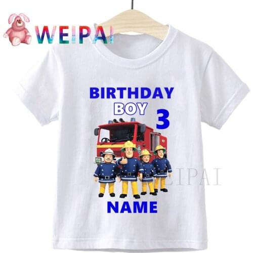 Kids Fireman Sam Birthday Number 1~9 Cartoon Print Children Clothes T-shirts Boy&Girl Write Name Funny Gift Tshirt Baby 24M-8T