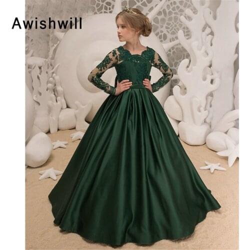 Emerald Green Long Sleeves Flower Girl Dress A-Line Applique Satin With Bow Kids Party Dress Holy Communion Dresses