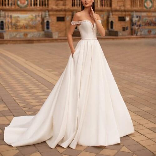 Elegant Long Off Shoulder V-Neck Wedding Dresses with Pockets Lace Up Back Satin Robes De Mariée Bridal Gown For Women