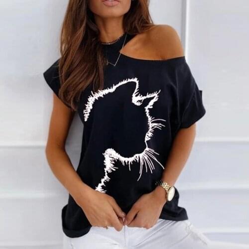 Oversized T-Shirt Women Summer Kawaii Cat Print T-Shirts For Woman Hollow Out Short Sleeve Loose Tops Femme T Shirts Ropa Mujer