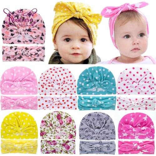 Nishine Baby Girls Dot Bunny Ears Hat and Headband Set Cute Infant Print Cap Children Rabbit Lug Hairband Toddler Headwear Gift
