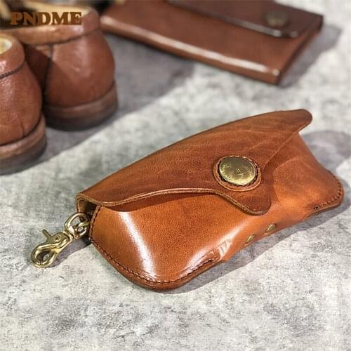PNDME fashion retro genuine leather mens womens glasses bag simple luxury designer real crazy horse cowhide sunglasses case