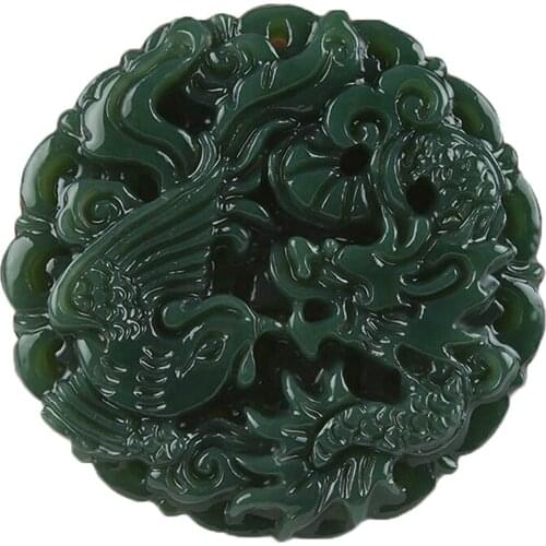 Natural Green Jade Hand Carved Dragon Phoenix Pendant Necklace Sweater Chain Gift Wholesale