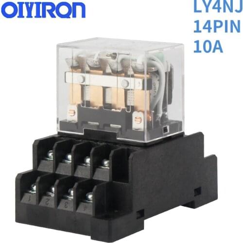 1pcs silver contact small electromagnetic intermediate relay LY4NJ HH64P AC 220V DC 12/24V 14pin 4Z with socket base AC 10A 250V