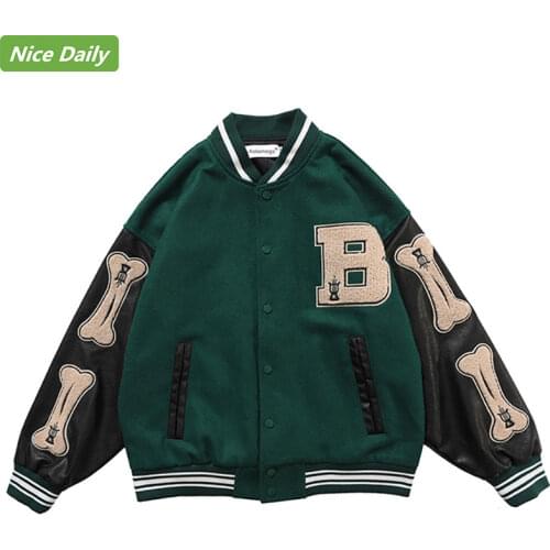 NiceDaily Harajuku College Style Bomber Jacket Men Baseball Coats Furry Bone Letter Patch Color Block Patchwork 3 Color Optional