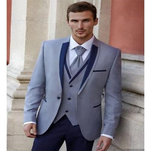 New Arrival One Button Light Grey Groom Tuxedos Shawl Lapel Groomsmen Men Blazers 3 pieces Suits (Jacket+Pants+Vest+Tie)