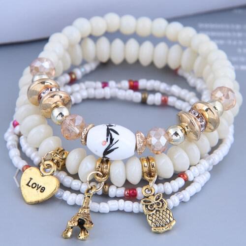 New Fashion Vintage Bracelets Women Beaded Wrist Bracelets Multilayer Beads Owl Shell Heart Charming Boho Bracelets
