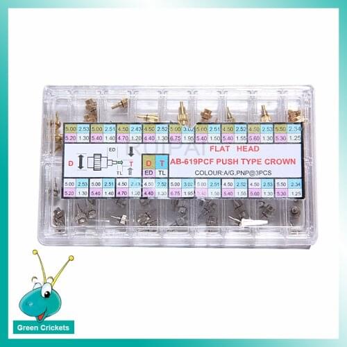 Wholesale 54pcs/box Assortment Watch Crown Parts set, Push Type Flat Head Golden / Silver Watch Crown For Watchmake Replacement