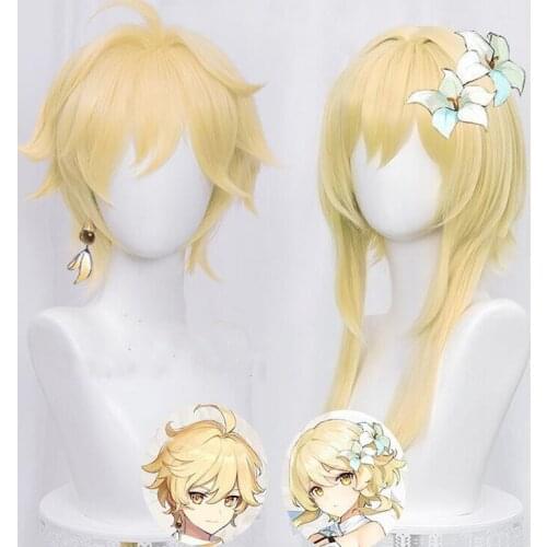 Genshin Impact Traveler Cosplay Aether Lumine Blond Wig Cosplay Anime Wigs Heat Resistant Synthetic Wigs Halloween for Girls