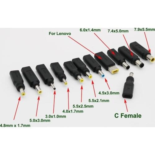 1pc Laptop Charger Adapter Converter Type C Female DC Power Jack to 4.0mm 4.8x1.7mm/5.5x2.1mm/2.5mm/7.4x5.0mm for Lenovo HP DELL