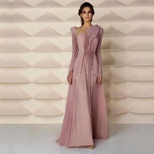 Middle East Style Muslim Evening gown with Long Sleeve Pearls Skin Pink Long Formal Women Arabic mother of the bride dresses