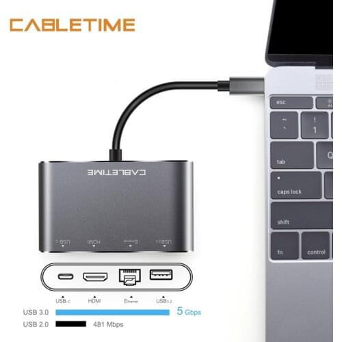 Cabletime USB C HUB HDMI USB 3.0 Lan RJ45 Network Type C to HDMI 4K 30Hz Ethernet Adapter USB C 4 in 1 Charging for Macbook N103