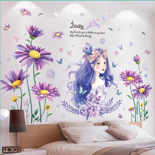 [shijuekongjian] Daisy Flowers Plants Wall Stickers DIY Girl Wall Decals for Living Room Kids Bedroom Kitchen House Decoration