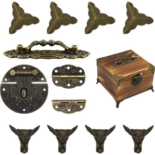 Jewelry Box Antique Lock Latch Hasp Hinges Handle Box Corner Protectors Kit for DIY Jewelry Box Bronze, Box not Included
