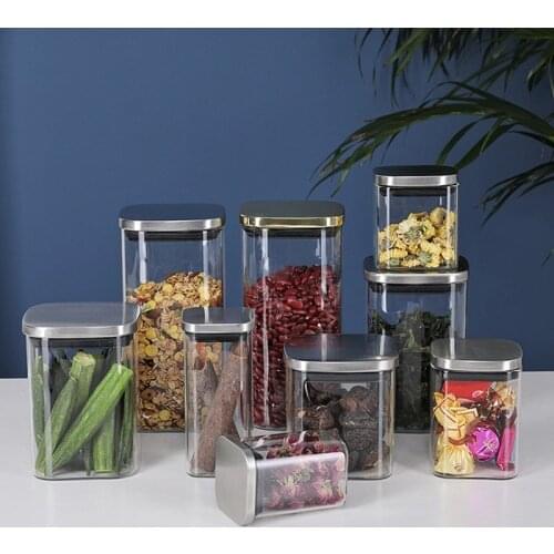 Heat-resistant glass airtight jars square stainless steel lids tea tins, glass kitchen grain storage jars