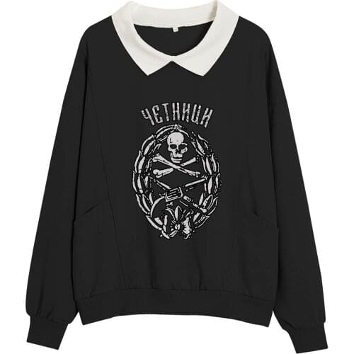 Sweatshirt Women Skeleton Hoodie Oversize Hoodies Cotton Turn-down Collar Goth Pullover Sweatshirts with Pocket Black Streetwear