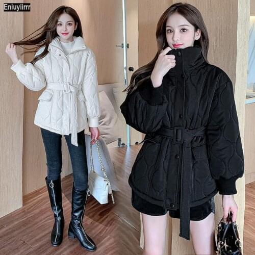 Women Cute New Year Turtleneck Black White Warm Cotton-padded Jacket Coat Belt Slim Parkas