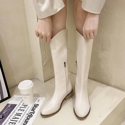 2021 INS Luxury Women Block High Heels Wedges Long Riding Boots Winter Knee High Boots Designer Beige Heels Western Cowboy Boots